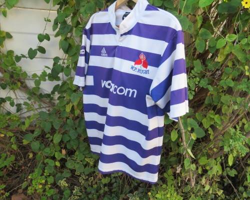 ADIDAS blue and white horizontal striped  WP rugby top size Large. Polyester. Fair condition.