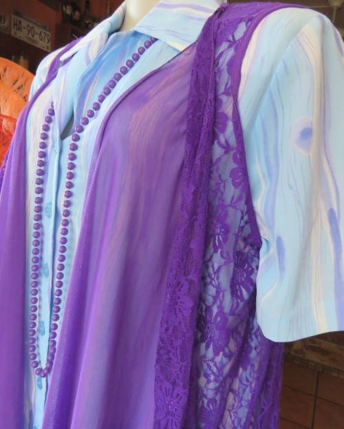 Girly purple acrylic lace gilet with netting front inlay. Frilled back seam.Size 36 to 38.As new