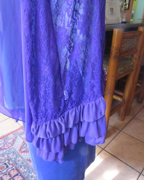 Girly purple acrylic lace gilet with netting front inlay. Frilled back seam.Size 36 to 38.As new