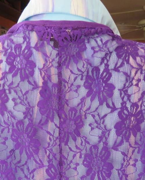 Girly purple acrylic lace gilet with netting front inlay. Frilled back seam.Size 36 to 38.As new