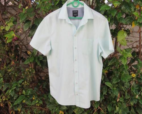 Best quality DAVID JONES pure cotton mint green/white striped short sleeve shirt in LARGE. New cond.