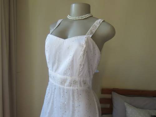Pretty white strappy evening dress with glitter/embellishment.High/low seamline.Size 36 by GERANO