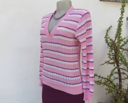 Soft acrylic knit V-neck sweater, size 34, pink-white horizontal stripes.