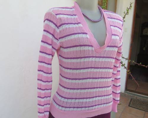 Soft acrylic knit V-neck sweater, size 34, pink-white horizontal stripes.