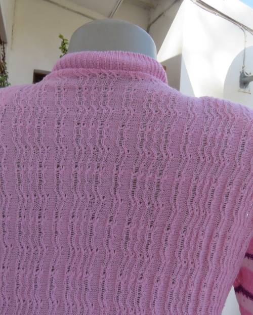 Soft acrylic knit V-neck sweater, size 34, pink-white horizontal stripes.
