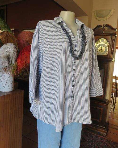 Casual light blue/navy vertical striped button down V neck top with open collar.By PENNY C size 44