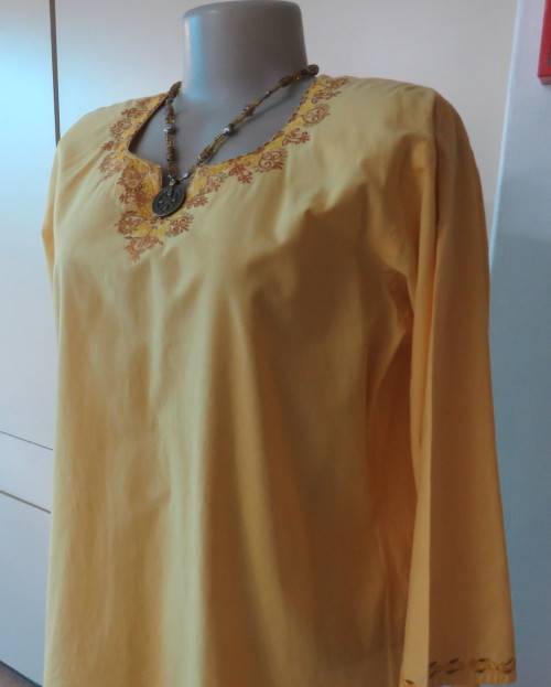 As new buttercup yellow richly embroidered top.Bracelet length sleeves.By BABA forn Kashmi.Size 40