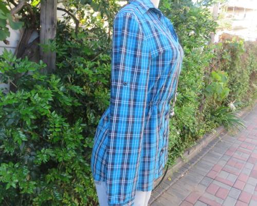 As new blue/white/navy check long button down top in 100% cotton.Waist elasticated.Size 34/10.
