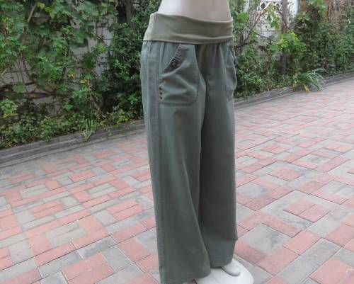 Comfy wide legged olive green linen/cotton blend size 38 pants by WOOLWORTHS.Stretch f/o waistband.