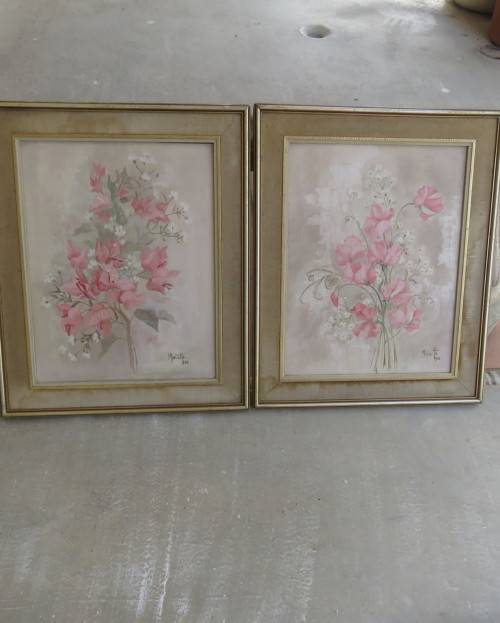 Set of 2 original paintings by Matetta 1983. Actual painting 28cm x 37cm. Pink flowers.Very good con