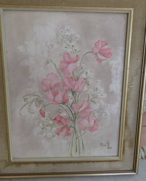 Set of 2 original paintings by Matetta 1983. Actual painting 28cm x 37cm. Pink flowers.Very good con