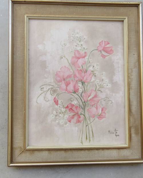 Set of 2 original paintings by Matetta 1983. Actual painting 28cm x 37cm. Pink flowers.Very good con