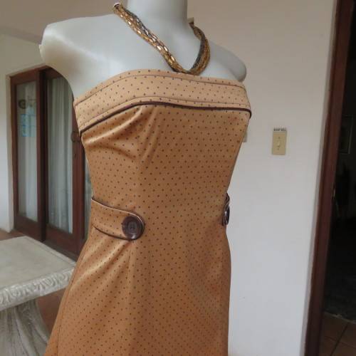 Ultra sexy golden brown polycotton stretch strapless dress with brown polkadots.By INWEAR size 34.