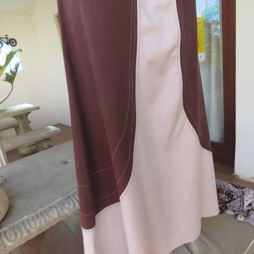 Unique ethnic colour blocked maxi skirt in cream/brown. Bandless.Polycotton stretch.By CYCAD.Size 40