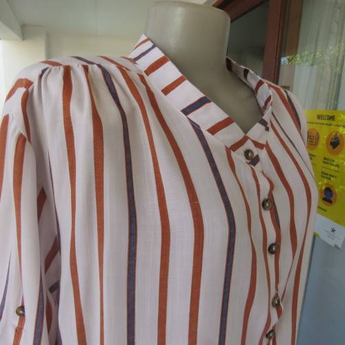 Cheeky poly/viscose long sleeve top. Blue/brick vertical stripes. High banded neck/opening.Size 46.