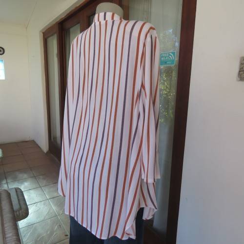 Cheeky poly/viscose long sleeve top. Blue/brick vertical stripes. High banded neck/opening.Size 46.