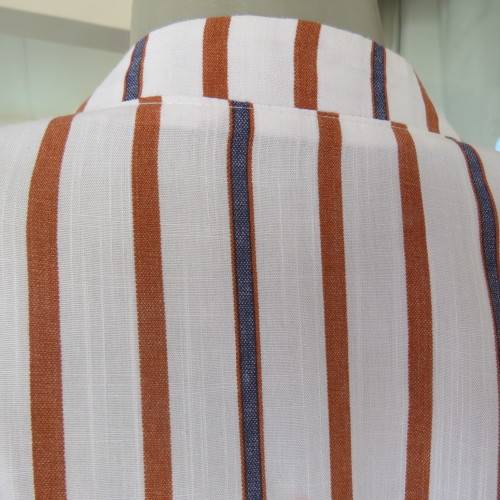 Cheeky poly/viscose long sleeve top. Blue/brick vertical stripes. High banded neck/opening.Size 46.