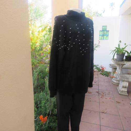 Fabulous black polyester/acrylic knitted poloneck pullover cardigan/pearl decorated.Size 44 by M H.