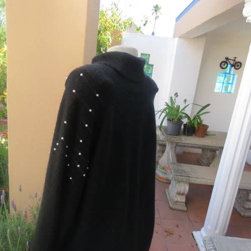 Fabulous black polyester/acrylic knitted poloneck pullover cardigan/pearl decorated.Size 44 by M H.