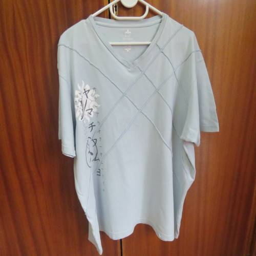 Men`s light blue V neck T Shirt with stitched blocks and black/white logo.Size XXL by F&F in cotton.