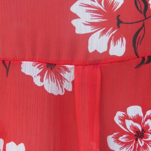 Eye catching red with white floral long top in sheer polyester. Cuffed sleeves. Size 36 by MILADY`S.