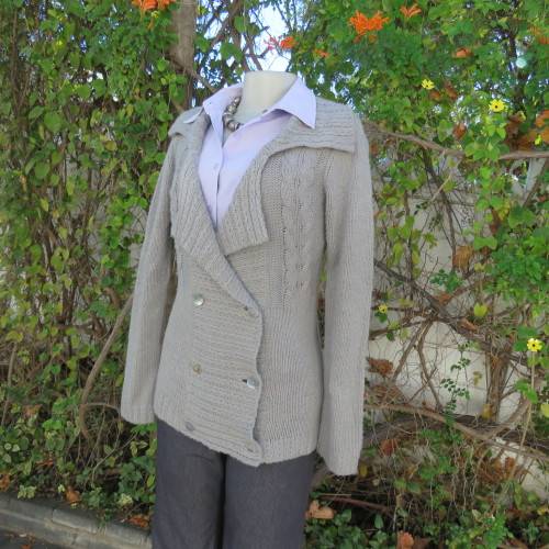 Soft pewter grey 100% acrylic knit long double breast cardigan with unique collar. Size 36 .Good con