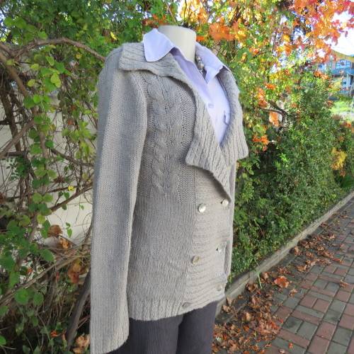 Soft pewter grey 100% acrylic knit long double breast cardigan with unique collar. Size 36 .Good con