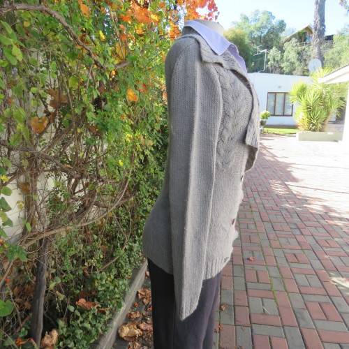Soft pewter grey 100% acrylic knit long double breast cardigan with unique collar. Size 36 .Good con