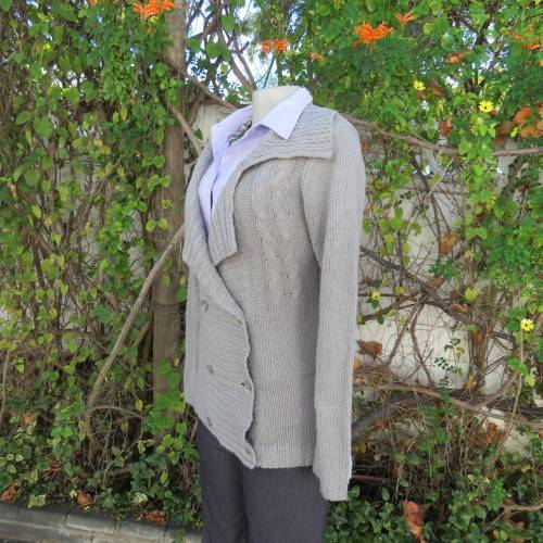 Soft pewter grey 100% acrylic knit long double breast cardigan with unique collar. Size 36 .Good con