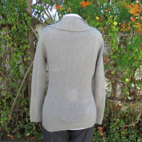 Soft pewter grey 100% acrylic knit long double breast cardigan with unique collar. Size 36 .Good con