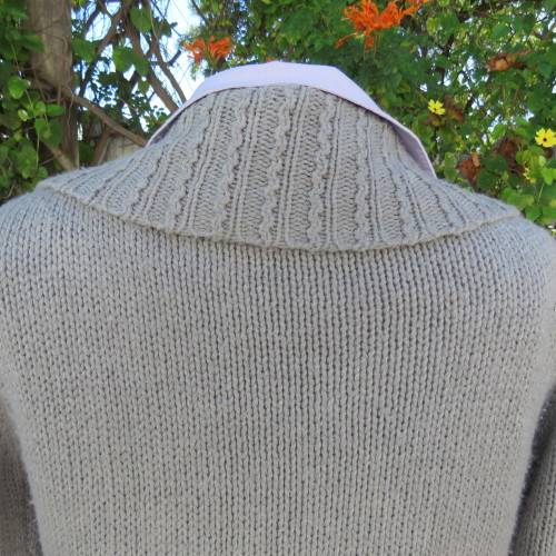 Soft pewter grey 100% acrylic knit long double breast cardigan with unique collar. Size 36 .Good con