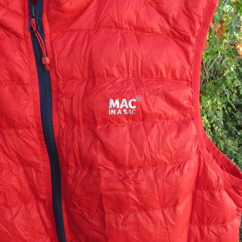 MAC in a SAC with alpine 80gr down gilet in scarlet red. Size Large. Pack in small bag.Brand new.