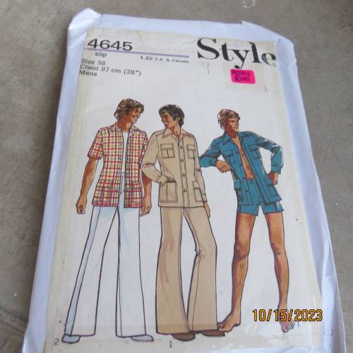 STYLE sewing pattern for men`s unlined shirt-jacket/trousers/shorts. Sizes 36 to 42. Good condition
