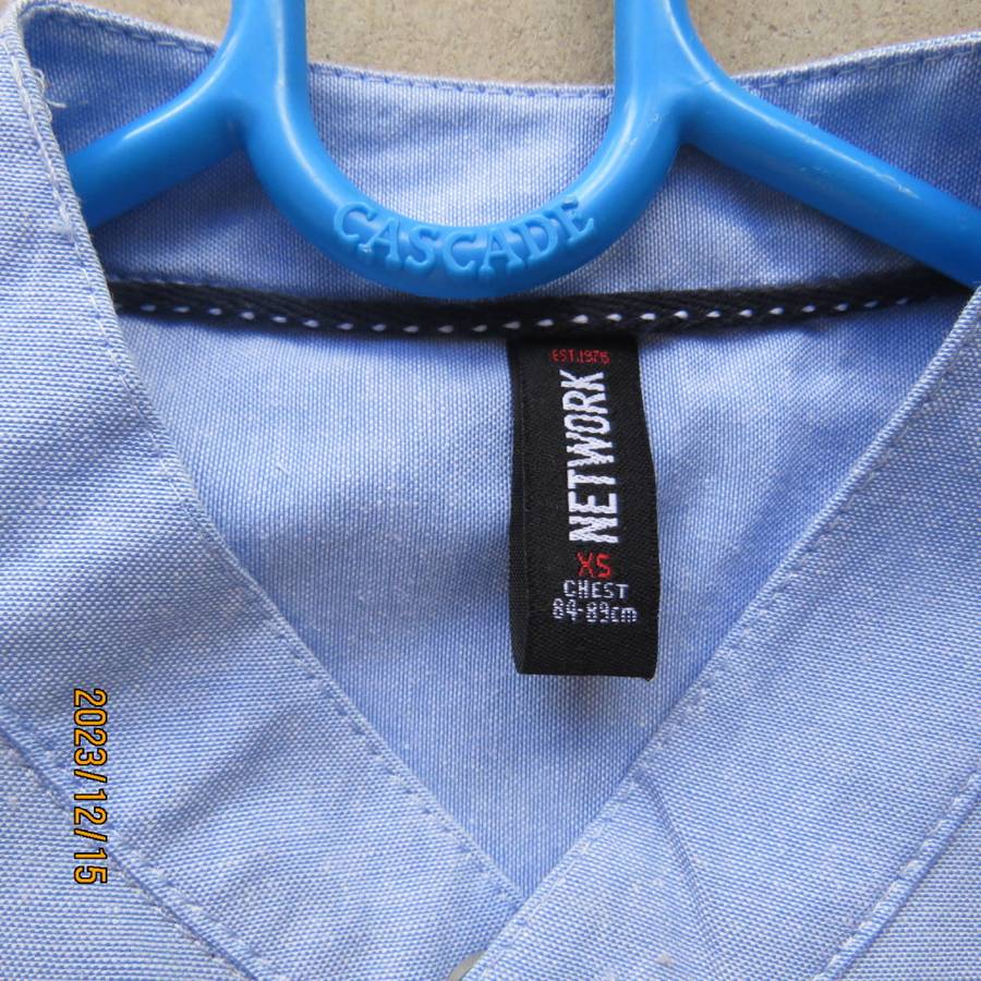 Brand new men`s sky blue long sleeve/high collar polycotton shirt size XS by NETWORK. Chest 84 -89cm