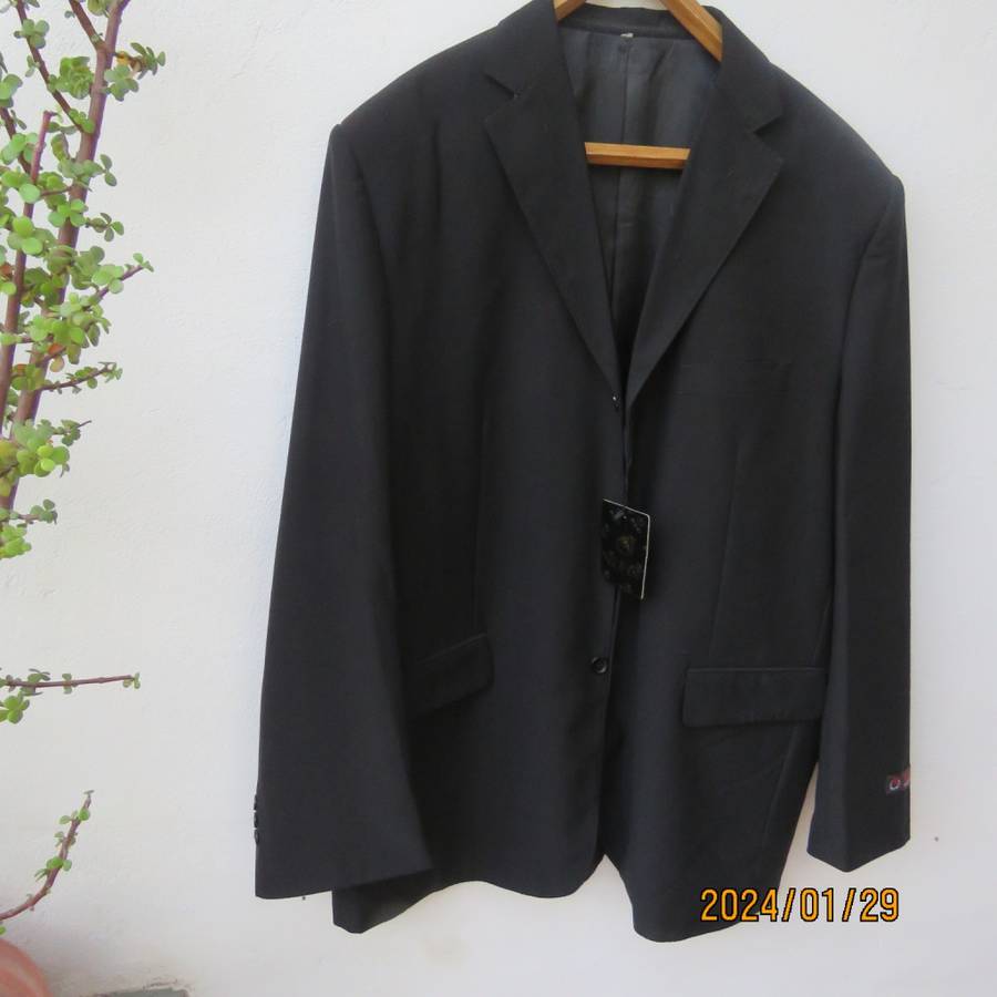 Very black handsome men`s jacket with 3 button closure. By RFG Clothing size 44-46. Not used.