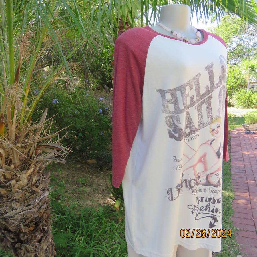 Totally off duty long maroon sleeve/rich cream body T-Shirt. Logo & picture front.Size 42 by WOOLIES