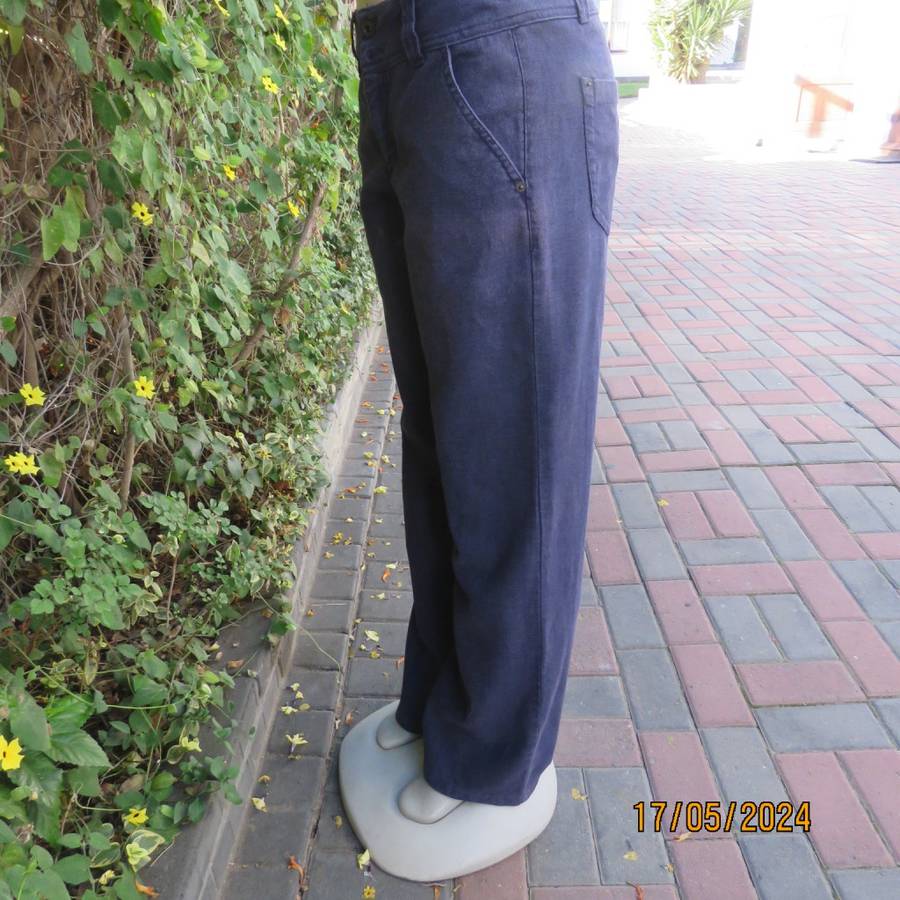 Must have straight legged wash-out linen/ramie navy pants size 36. Pockets b/f. Inner leg 82cm.