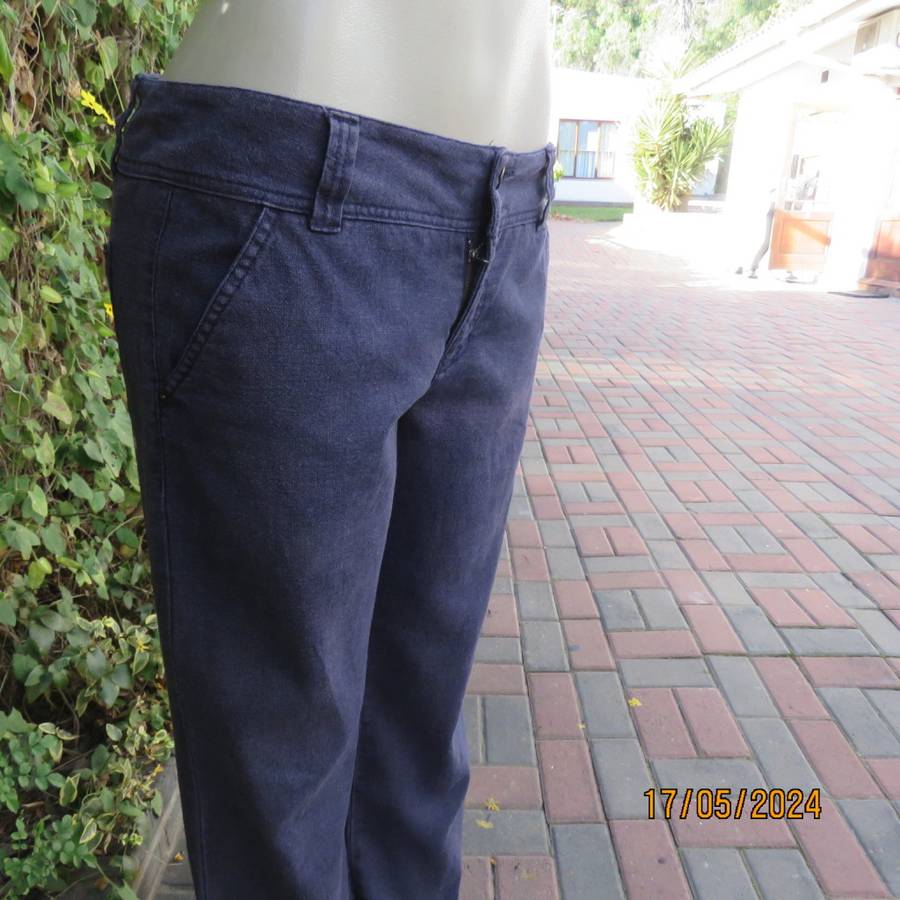 Must have straight legged wash-out linen/ramie navy pants size 36. Pockets b/f. Inner leg 82cm.