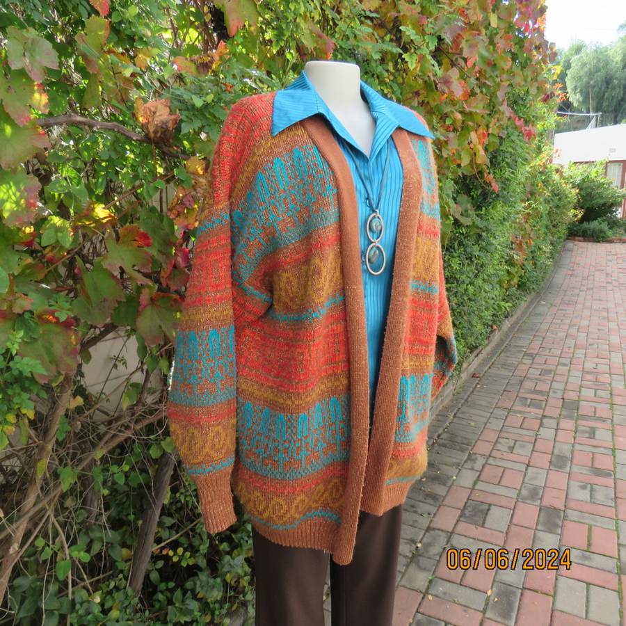 Beat the cold! Tan colour double acrylic knit cardigan with crimson/mustard/jade patterns.Size 42/44