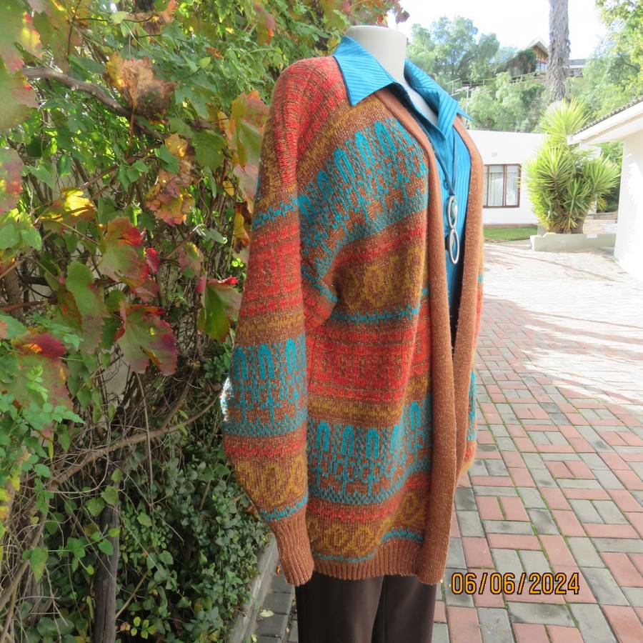 Beat the cold! Tan colour double acrylic knit cardigan with crimson/mustard/jade patterns.Size 42/44