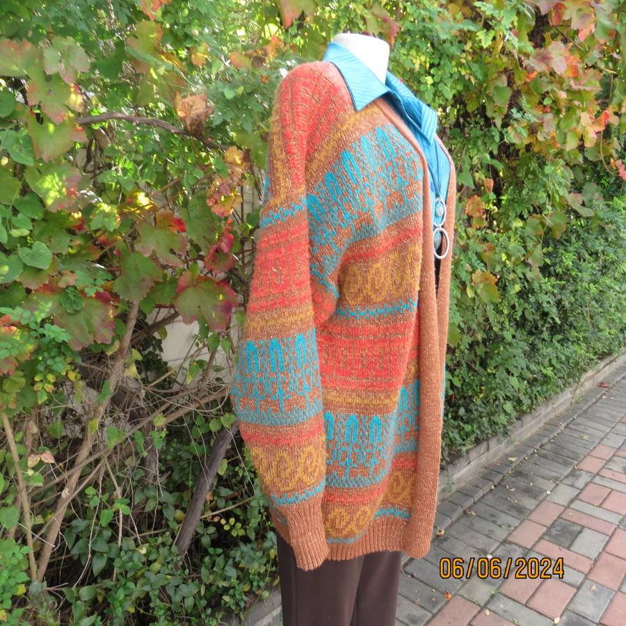 Beat the cold! Tan colour double acrylic knit cardigan with crimson/mustard/jade patterns.Size 42/44