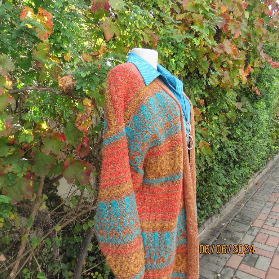 Beat the cold! Tan colour double acrylic knit cardigan with crimson/mustard/jade patterns.Size 42/44