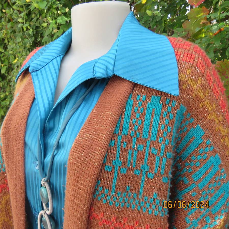 Beat the cold! Tan colour double acrylic knit cardigan with crimson/mustard/jade patterns.Size 42/44