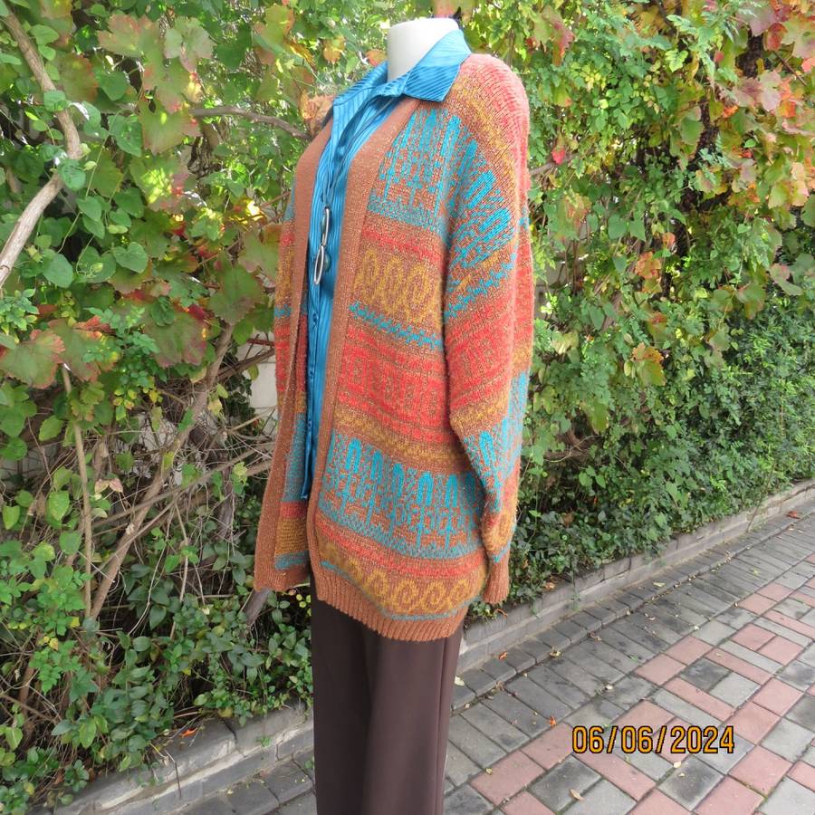 Beat the cold! Tan colour double acrylic knit cardigan with crimson/mustard/jade patterns.Size 42/44