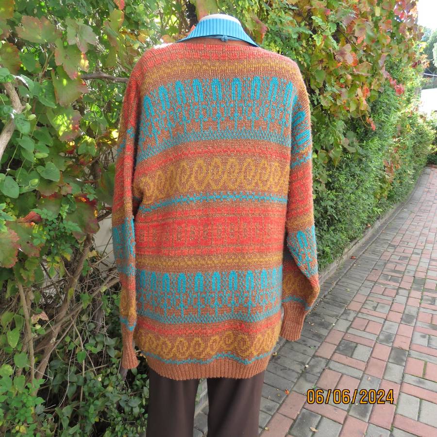 Beat the cold! Tan colour double acrylic knit cardigan with crimson/mustard/jade patterns.Size 42/44