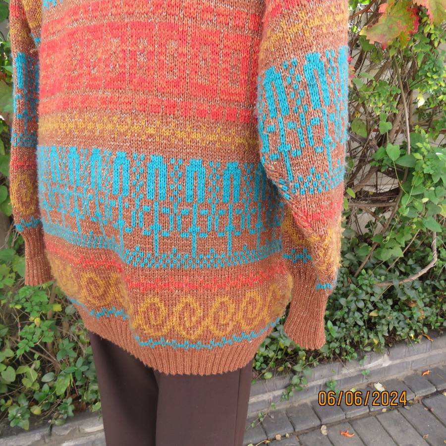 Beat the cold! Tan colour double acrylic knit cardigan with crimson/mustard/jade patterns.Size 42/44