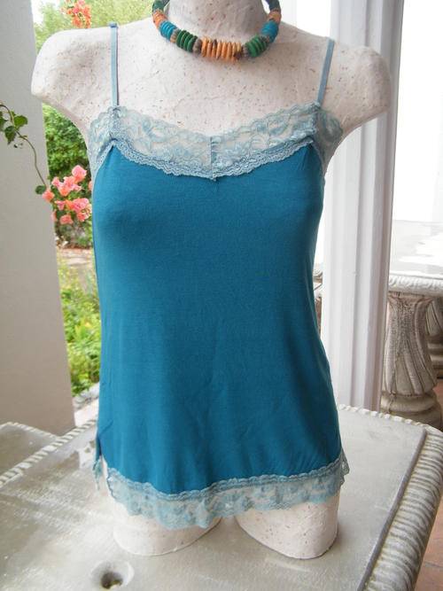 Teal Cotton/Spandex Strappy Top with Lace Detail