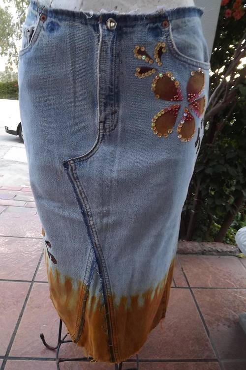 Decorated Denim skirt from Craft market made from pieces of different  jeans.size 34
