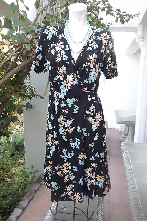 Vintage Julie Whyte Black Floral Fold Over Dress from their "Young Ideas" Range -will fit size 10/34
