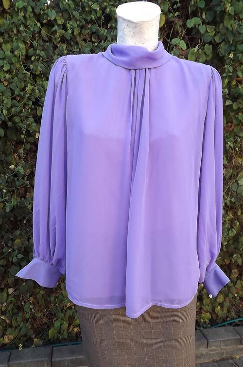 Violet Colour Chiffon Blouse with Batwing Sleeves in size 10/34 - lined, high roll neck-good cond